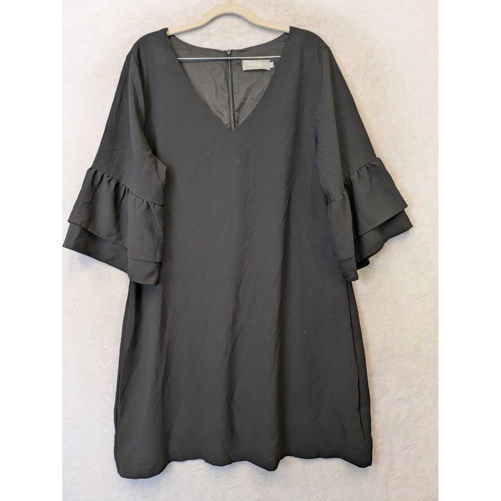 Belongsci Shift Dress Women's‎ XL Black Tiered Ruffle Bell Sleeve V-Neck Mini